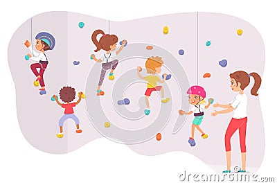 Children climbing rock wallm active boy girl climbers bouldering, training in gym Vector Illustration