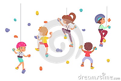 Children climbing rock wallm active boy girl climbers bouldering, training in gym Vector Illustration