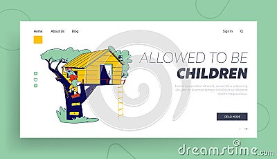 Children Climbing on Tree House Landing Page Template. Characters Playing on Child Playground, Treehouse Vector Illustration