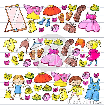 Children clothing Kindergarten boys and girls with clothes New clothing collection Dresses, trousers, shoes, hats, caps Vector Illustration
