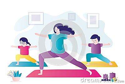 Children and coach stand in warrior pose 2. Boy and girl practicing yoga asanas. Trainer conducts yoga class for kids Vector Illustration