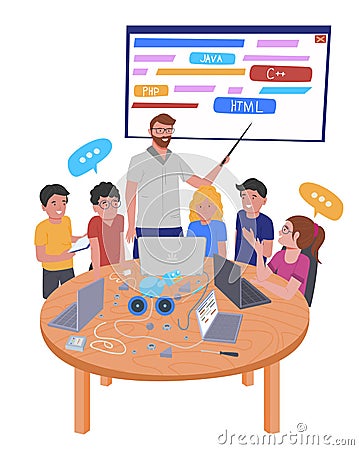Children coding school. Teamwork during informatics lesson. Vector Illustration