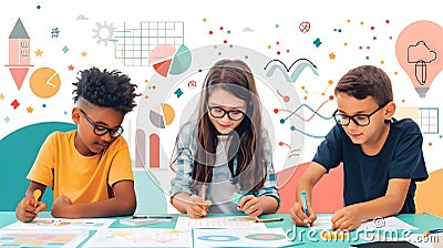 Children Collaborate on Creative Charts and Graphs, Developing Problem-Solving Skills with Colorful Visual Aids and Stock Photo