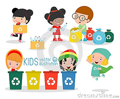 Children collect rubbish for recycling, Illustration of Kids Segregating Trash, recycling trash, Save the World , Boy and girl rec Vector Illustration