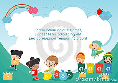 Children collect rubbish for recycling, Kids Segregating Trash, Save the World ,Template for advertising brochure, your text Vector Illustration