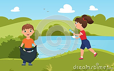 Children collect trash garbage, clean nature, cute volunteer boy girl cleaning green park Vector Illustration