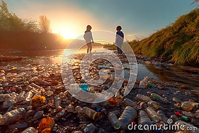 Children collecting plastic bottles and cans from a riverbank. Generative AI Stock Photo