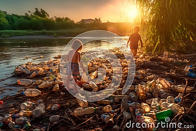 Children collecting plastic bottles and cans from a riverbank. Generative AI Stock Photo
