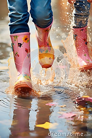 Children with colorful gum boots splashing water in muddy puddles. Stock Photo