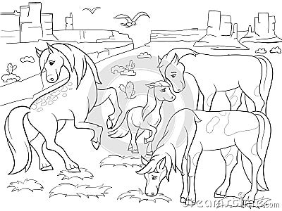 Children coloring cartoon horses grazing on meadow vector Vector Illustration