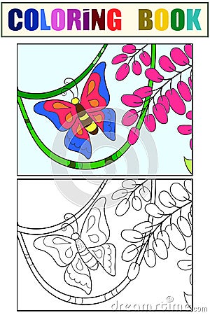 Children coloring with a color example. Insect butterfly among berries. Vector Illustration