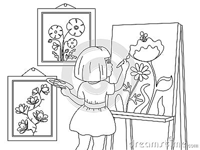 Children coloring. A girl draws pictures, flowers. Black lines, white background. Cartoon raster Cartoon Illustration