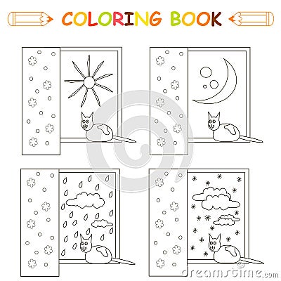 Children coloring page, cat sitting on the window, thin black line sketch on white Vector Illustration