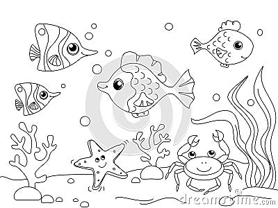Children coloring. The underwater world, the bottom of the ocean. Sea inhabitants, fish. Vector Vector Illustration