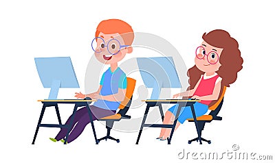 Children and computer science. Informatics lesson, cartoon boy girl at desks with monitors. Kids learn coding vector Vector Illustration