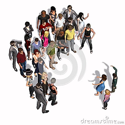 Children in conversation to a group of people - top view - on white background Stock Photo