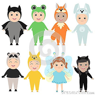 Children in costumes of animals. Carnival costumes, hare, fox, b Stock Photo