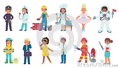 Children in costumes of different professions, isolated on white set of vector illustrations. Doctor, professional Vector Illustration