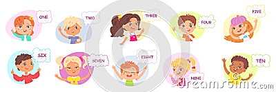 Children count on math lesson in school set, boy girl kid raising hands and fingers up Vector Illustration