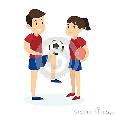 Children couple play football. Vector Illustration