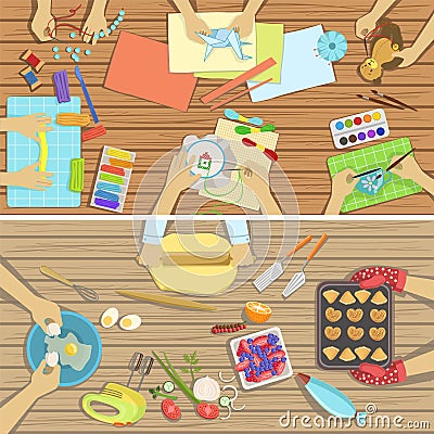 Children Craft And Cooking Class Two Illustrations With Only Hands Visible From Above The Tabl Vector Illustration