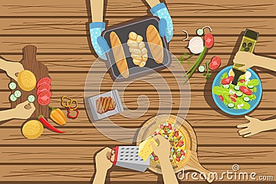 Children Craft And Cooking Lesson Two Illustrations With Only Hands Visible From Above The Table Vector Illustration