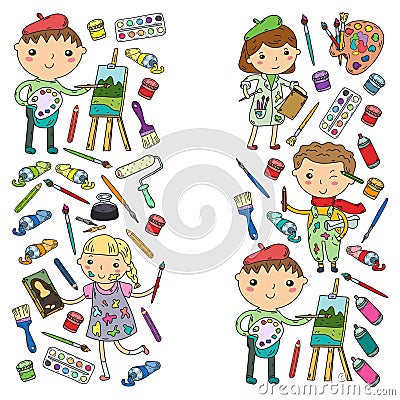 Children creativity Kindergarten, school art Boys and girls drawing and painting pictures Children art and design school Vector Illustration