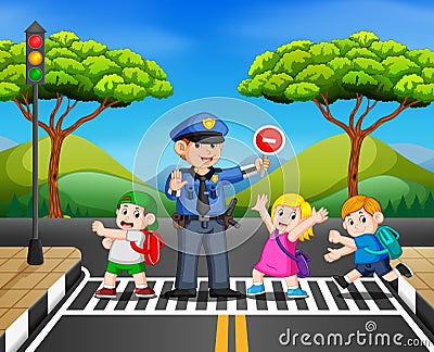 The children cross the road while the police stop the transportation Vector Illustration