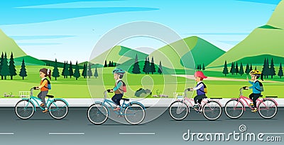 Children riding bicycles to school. Vector Illustration