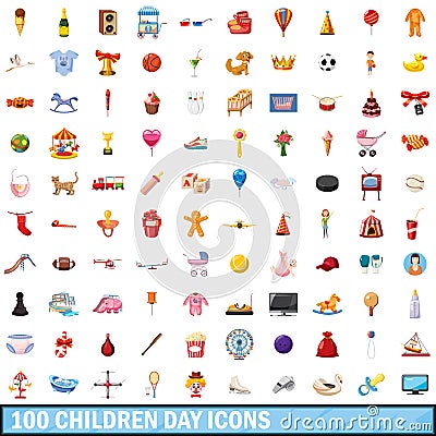 100 children day icons set, cartoon style Vector Illustration