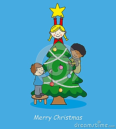 Children decorating christmas tree Vector Illustration