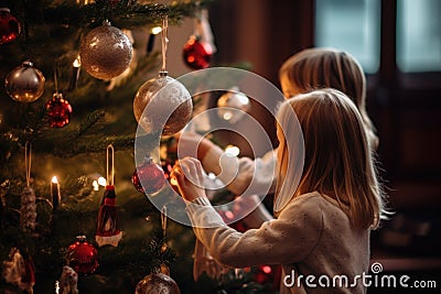 Children decorating the Christmas tree carefully Stock Photo