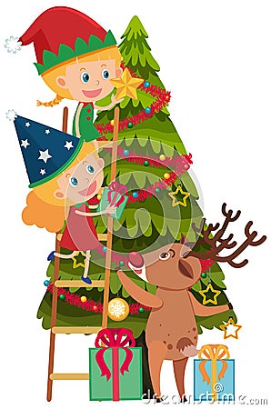 Children decorating christmas tree Vector Illustration