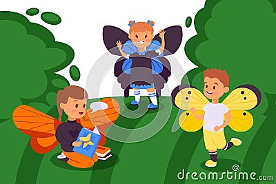 Children with decorative butterfly wings on backs walk outside vector illustration. Children play butterflies in meadow Vector Illustration