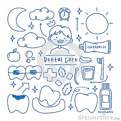 Children Dental care doodle element collection Vector Illustration