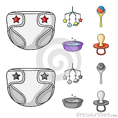 Children diapers, a toy over the crib, a rattle, a children bath. Baby born set collection icons in cartoon,monochrome Vector Illustration