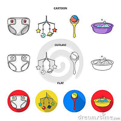 Children diapers, a toy over the crib, a rattle, a children bath. Baby born set collection icons in cartoon,outline,flat Vector Illustration