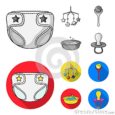 Children diapers, a toy over the crib, a rattle, a children bath. Baby born set collection icons in monochrome,flat Vector Illustration