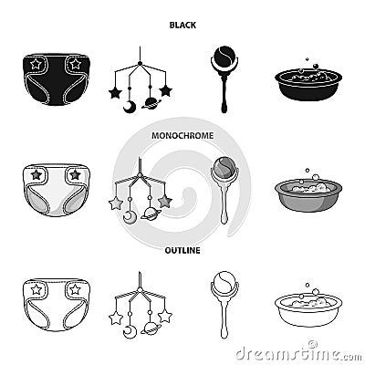 Children diapers, a toy over the crib, a rattle, a children`s bath. Baby born set collection icons in black,monochrome Vector Illustration