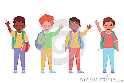 Children of different nationalities with backpacks and books. Kids going to school. Elementary school students. Vector Vector Illustration