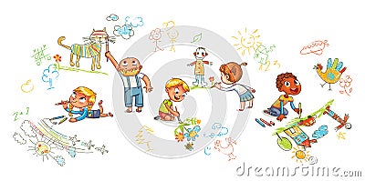 Children of different nationality draw pictures on walls and floor Vector Illustration