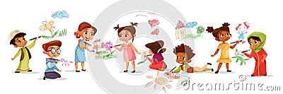 Children drawing with pencils vector illustration of different nationality cartoon boys and girls kids painting with Vector Illustration