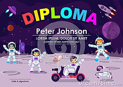 Children Diploma or Certificate Of Achievement & Appreciation Space Moon Theme Cool Vector Template. Children Astronaut in Space A Stock Photo