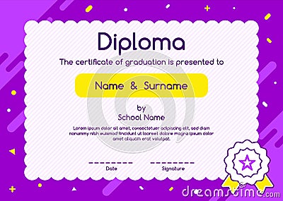 Children diploma or certificate design template on purple background. Vector Illustration