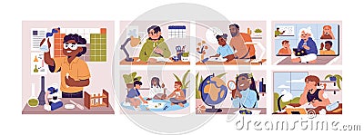 Children do homework set. Kid team work on school project. Pupils study, learning by video call. Boy do science Vector Illustration