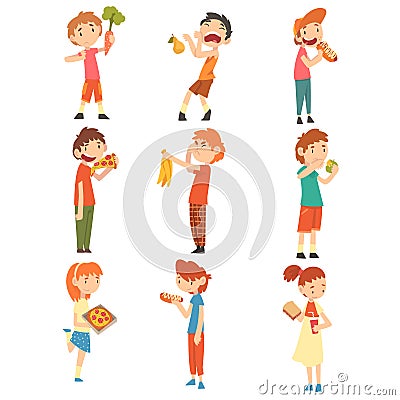 Children Do Not Like Vegetables and Fruits Set, Boys and Girls Enjoying Eating of Fast Food Vector Illustration Vector Vector Illustration