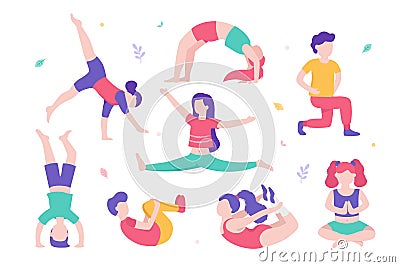 Children doing physical exercises set of various poses and cute cartoon characters of kids on white background Vector Illustration