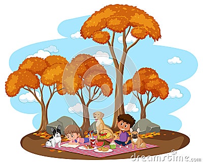 Children doing picnic in the park with many autumn tree Vector Illustration