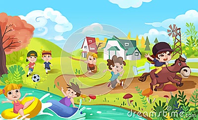 Children are doing Sports like Playing Football, Swimming, Running and Horse Riding Stock Photo