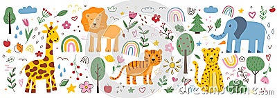 Children doodle pattern. Animals and flower plants. Childish tiger. Geometric tree drawing. Lion and leopard Vector Illustration